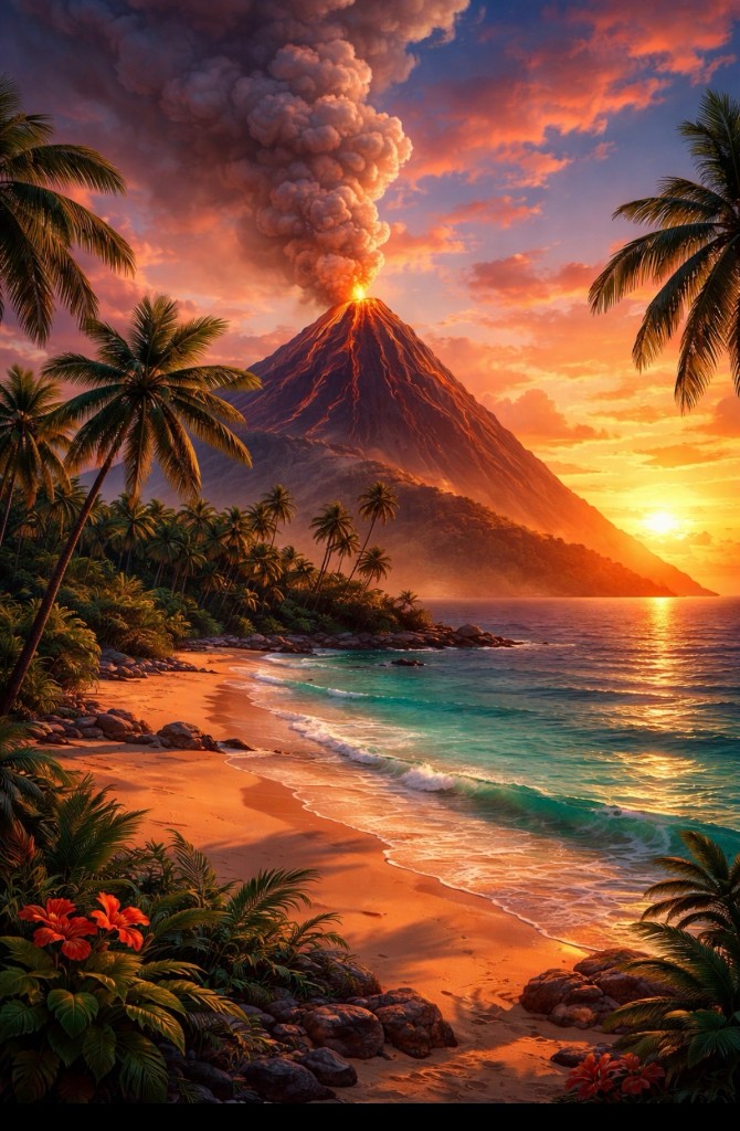 Tropical island sunset with volcano